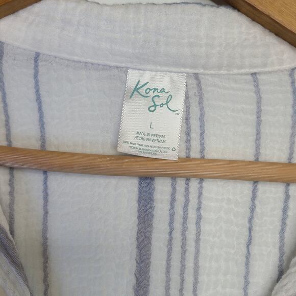 Kana Sol White Blue Stripes Cover Up Button Down Shirt Size Large - Picture 2 of 9